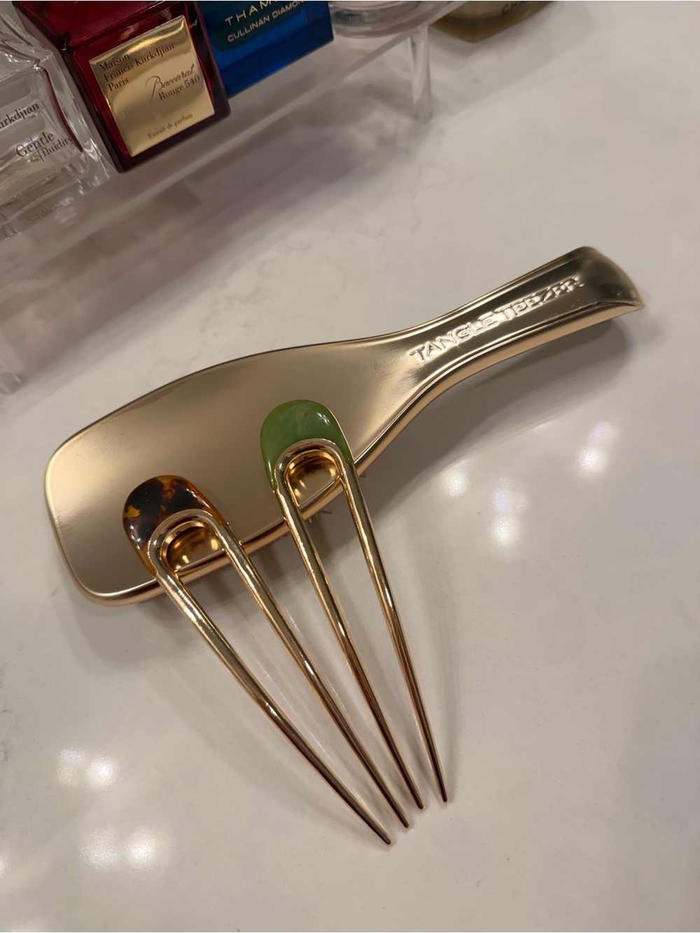 Gold Hair Fork with Green and Tortoiseshell Accents